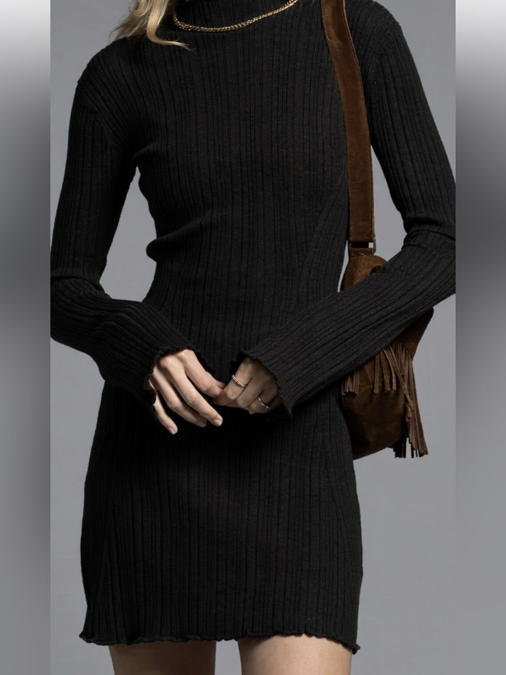 Weekend LA brand Mirren Ribbed Long Sleeve Knit Dress in Black